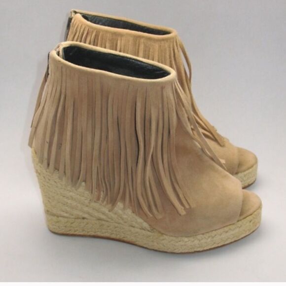 Beige Tan Suede Fringe Wedge Shoes - Picture 4 of 8